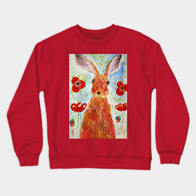 Hare among Poppies Crewneck Sweatshirt by Casimirasquirkyart